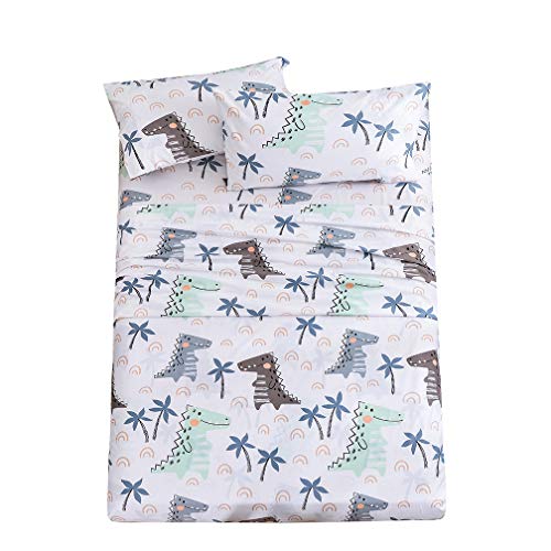 JSD Dinosaur Kids Printed Sheet Set Full Size, 4 Piece Brushed Microfiber Bed Sheets for Boys, 15