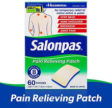 Load image into Gallery viewer, Salonpas Pain Relieving Patch for Back, Neck, Shoulder, Knee Pain and Muscle Soreness - 8 Hour Pain Relief - 60 Count
