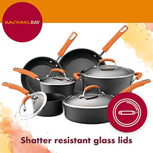 Rachael Ray Brights Hard-Anodized Aluminum Nonstick Cookware Set with Glass Lids, 10-Piece Pot and Pan Set, Gray with Orange Handles