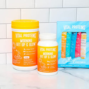 Vital Proteins Morning Get Up and Glow Collagen Peptides Powder Supplement, 90mg of Caffeine for Energy Plus Vitamin C, Biotin and Hyaluronic Acid - 9.3oz, Orange