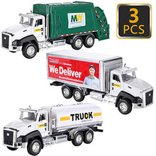 Load image into Gallery viewer, G.C 3 Pack Diecast Transport Vehicles Truck Toys Set Garbage Truck Tanker Truck Delivery Truck 1:50 Scale Pull Back Metal Model Car Toys for Boys
