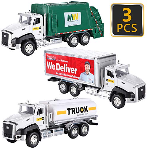 G.C 3 Pack Diecast Transport Vehicles Truck Toys Set Garbage Truck Tanker Truck Delivery Truck 1:50 Scale Pull Back Metal Model Car Toys for Boys
