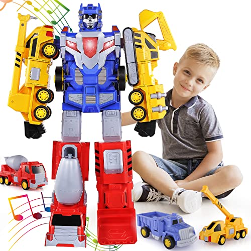 SNAEN Toys for 3 4 5 6 7 Year Old Boys - Construction Vehicles Transform Robot Kids Toys, STEM Building Toddler Toys for Kids Ages 4-8 w/ Pull-Back Toys, 5-in-1 Trucks Gifts for Boys Girls
