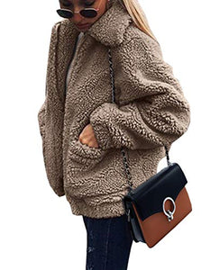 PRETTYGARDEN Women's Fashion Long Sleeve Lapel Zip Up Faux Shearling Shaggy Oversized Coat Jacket With Pockets Warm Winter (Coffee, Small)