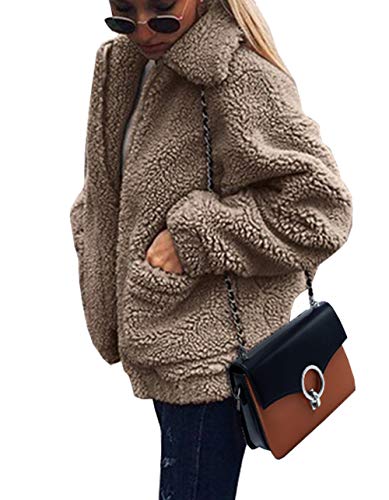 PRETTYGARDEN Women's Fashion Long Sleeve Lapel Zip Up Faux Shearling Shaggy Oversized Coat Jacket With Pockets Warm Winter (Coffee, Small)