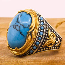 Load image into Gallery viewer, Solid 925 Sterling Silver Rings for Men Turkish Handmade Simulated Turquoise Luxury Design Premium Quality (9)
