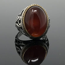 Load image into Gallery viewer, KAR 925K Stamped Sterling Silver Filigree Red Agate (Aqeeq) Men&#39;s Ring I1J (10.5)
