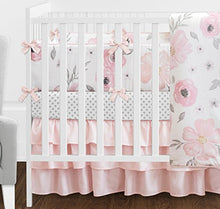 Load image into Gallery viewer, 9 pc. Blush Pink, Grey and White Shabby Chic Watercolor Floral Baby Girl Crib Bedding Set with Bumper by Sweet Jojo Designs - Rose Flower Polka Dot
