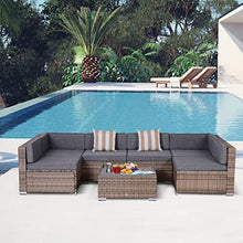 Load image into Gallery viewer, Outsunny 7-Piece Outdoor Rattan Sofa Set Wicker Patio Sectional Sets, Conversation Furniture Set with Cushions &amp; Slat Plastic Wood Table, Grey
