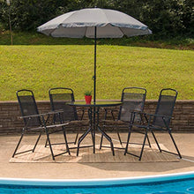 Load image into Gallery viewer, Flash Furniture Nantucket 6 Piece Black Patio Garden Set with Table, Umbrella and 4 Folding Chairs
