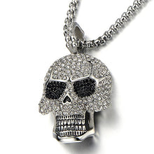 Load image into Gallery viewer, COOLSTEELANDBEYOND Steel Large Sugar Skull Pendant Necklace for Men Women with Cubic Zirconia and 30 inches Wheat Chain

