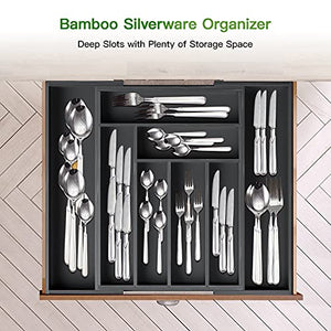 Bamboo Expandable Drawer Organizer for Utensils Holder, Adjustable Cutlery Tray, Wood Drawer Dividers Organizer for Silverware, Flatware, Knives in Kitchen, Bedroom, Living Room by Pipishell (Black)