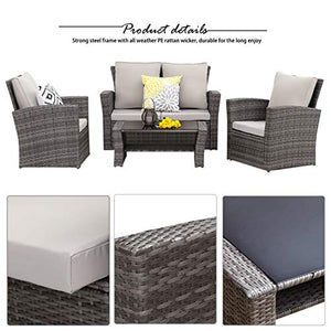 Wisteria Lane 4 Piece Outdoor Patio Furniture Sets, Wicker Conversation Set for Porch Deck, Gray Rattan Sofa Chair with Cushion