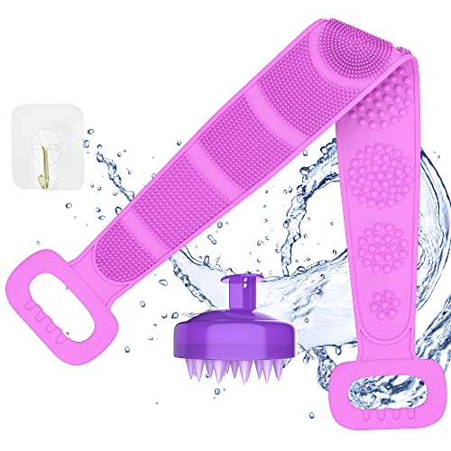Silicone Scalp Massager and Back Scrubber Shower Set - 31.5 inch Gentle Exfoliating Back Scrubber and Relaxing Scalp Massager