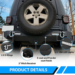 Rear Bumper Compatible with 2007-2018 Jeep Wrangler JK & Unlimited Rock Crawler Bumper w/2" Hitch Receiver, D-Ring, LED Lights (Textured Black)