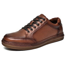 Load image into Gallery viewer, Men's Fashion Sneakers Casual Leather Shoes for Men Perforated Brown Genuine Leather Upper Lace Up Slip On Walking Shoe Size 11
