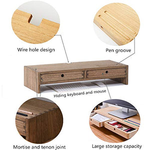 Kirigen Wood Monitor Stand with 2 Drawers - Computer Arm Riser Desk Storage Organizer,Speaker TV Laptop Printer Stand with Pen Slot and Cable Management,Dark Brown Desktop Shelf for Office DBR-2PMJ