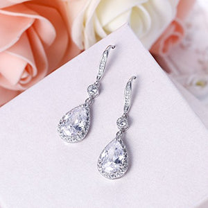 EleQueen 925 Sterling Silver Full Cubic Zirconia Teardrop Bridal Pendant Necklace Hook Dangle Earrings Sets