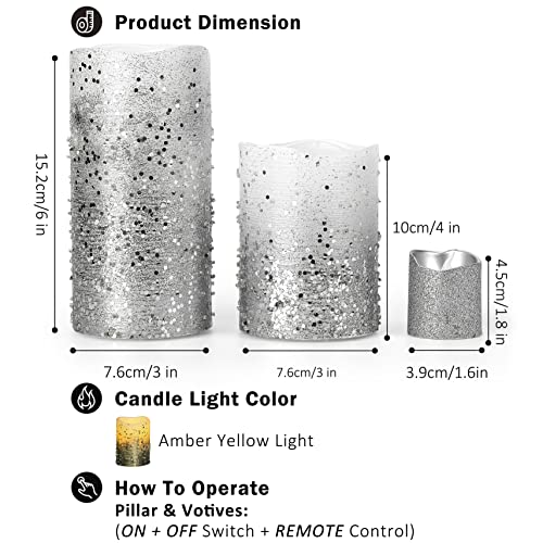 Load image into Gallery viewer, FURORA LIGHTING Silver Glitter Flameless Candles Battery Operated, Remote Controlled Pillar Candles and Votive Candles Bundle with 6 Pack Flickering Taper Candles Battery Operated with Timer