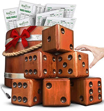 Load image into Gallery viewer, SWOOC Games - Yardzee, Farkle &amp; 20+ Games - Giant Yard Dice Set (All Weather) with Wooden Bucket, 5 Big Laminated Score Cards, and Dry Erase Marker - Jumbo Backyard Lawn Games
