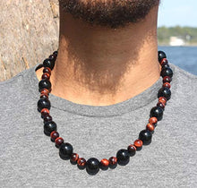 Load image into Gallery viewer, Auras by Osiris - Onyx And Red Tiger Eye Beaded Necklace For Men - World Class Durability &amp; Magnetic Clasp - Good Luck - Confidence - Handmade in USA (Onyx &amp; Red Tiger Eye)
