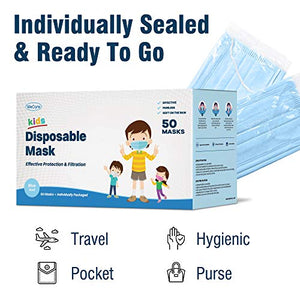 WeCare Individually Wrapped Kids Face Masks - 50 Pack - Soft on Skin - Disposable, 3 Ply - 5.7" x 3.7" Children's Size - 3 Layer Protectors with Elastic Earloops - Latex Free - Blue