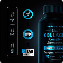 Load image into Gallery viewer, Multi Collagen Pills (Types I,II,III,V,X) 150 Capsules 3300 mg Grass Fed Collagen Peptides Enhanced Absorption for Anti-Aging, Hair Growth &amp; Nails, Healthy Joints &amp; Skin, Hydrolyzed Protein Supplement
