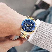 Load image into Gallery viewer, Mens Watches Chronograph Gold Blue Stainless Steel Waterproof Date Analog Quartz Business Casual Fashion Wrist Watches for Men
