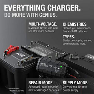 NOCO GENIUS10, 10-Amp Fully-Automatic Smart Charger, 6V and 12V Portable Battery Charger, Battery Maintainer, Trickle Charger, and Battery Desulfator with Temperature Compensation