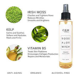CSM Organic Alcohol-Free Witch Hazel Face Toner with Rose Water, Aloe Vera - Minimizes Pores, Soothes Skin for a Fresh, Clear Complexion - Easy Mist Spray - RAW Facial Toner - Made in The USA