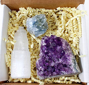 Dancing Bear Amethyst Cluster Cut Base (up to ½ lb), Celestite, Selenite Tower (3" Tall), Healing Crystal (3 Pc Set) Premium Grade A, Bohemian Home Décor, Natural Good Vibes, Metaphysical Info Cards