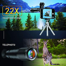 Load image into Gallery viewer, Apexel Phone Lens Kits-22x Telephoto Lens/205°Fisheye Lens/120°Wide Angle Lens&amp;20x Macro Lens/Tripod and Remote Shutter Works with iPhone 11 Plus X XS XR Samsung Huawei
