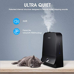 Miroco Cool Mist Humidifier, 26dB Ultra Quiet, 6L Ultrasonic Humidifiers for Large Bedroom Babies, 90mm Water Inlet, Night Light, Adjustable Mist, Automatic Shut-Off for Home Office 20-60 Hours, Black