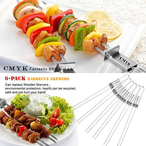 CMYK Barbecue Skewers, 6-Pack 13" Stainless Steel Grilling Skewers with Slider, Reusable Metal BBQ Shish Kebab Skewer Sticks