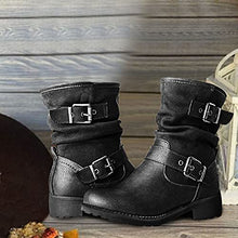 Load image into Gallery viewer, Fullwei Platform Boots for Women,Women Comfy Steel Toe Booties Western Combat Ankle Boot Casual Belt Buckle Side Zipper Motorcycle Riding Boot Walking Shoe (Black, 9.5-10)
