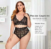 Load image into Gallery viewer, Plus Size 2 Piece Lingerie Set for Women Sexy Deep V Allover Lace Bra and Panty High Waist Nightwear Clubwear (T005,Black,2XL)
