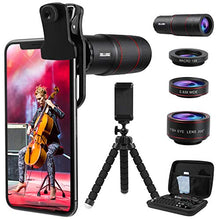 Load image into Gallery viewer, DELLURGO Phone Camera Lens 20x Telephoto Lens 205° Fisheye Lens 15x Macro Lens 0.63x Wide Angle Lens with Tripod Travel Case Cell Phone Lens Kit for iPhone XR/Xs/Max/8/7/6 Plus/Samsung/Google Pixel
