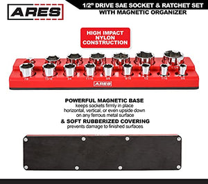 ARES 47008-18-Piece 1/2-inch Drive SAE Socket and 90-Tooth Ratchet Set with Magnetic Organizer - Sizes 3/8-Inch to 1 1/4-Inch Sockets
