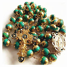 Load image into Gallery viewer, elegantmedical Handmade Gold XL 10MM Turquoise Beads Catholic AVE Maria 5 Decade Rosary Necklace Cross Crucifix Mens Womens Religious Gift
