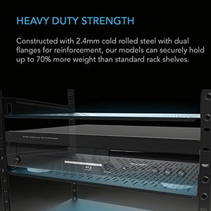 AC Infinity Vented Cantilever 1U Universal Rack Shelf, 10" Deep, for 19” equipment racks. Heavy-Duty 2.4mm Cold Rolled Steel, 60lbs Capacity