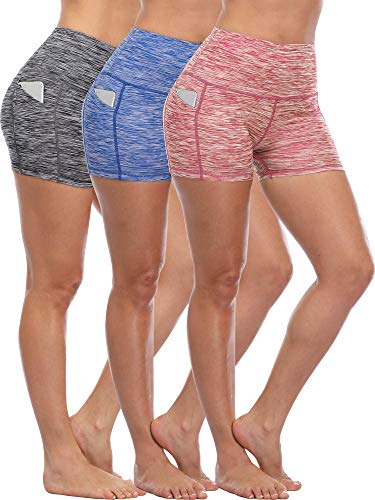 CADMUS Women's High Waist Yoga Shorts,Tummy Control,Workout Shorts Out Pockets,3 Pack,1015,Black & Blue & Red,X-Small