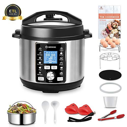 MOOSOO 13-in-1 Electric Pressure Cooker, 6QT Instant One-Touch Pressure Pot, Stain-Resistant Pressure Cooker with Digital Touchscreen, Slow Cooker, Steamer, Saute, Yogurt Maker, Egg Cooker, with ETL Certified, 11+ Accessories and Recipes