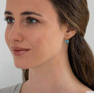 14K Gold Blue Earrings - 14K Solid Yellow Gold Round Shape Dangle Drop Earrings, 8mm Light Blue Circle Cubic Zirconia CZ Gemstone Jewelry - Simple Handmade Gift for Classy Women