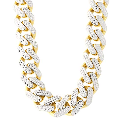 14k Yellow and White Gold Diamond Cut Textured 11 Millimeter Miami Cuban Chain Necklace, 24 Inch