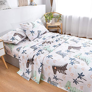 JSD Dinosaur Kids Printed Sheet Set Full Size, 4 Piece Brushed Microfiber Bed Sheets for Boys, 15" Deep Pocket White