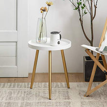 Load image into Gallery viewer, HuiDao Round Side Table Wooden Tray Table with Metal Tripod Stand Nightstand Coffee Table End Table for Living Room Bedroom Office Small Spaces, 18" H x 15”D (White &amp; Gold)
