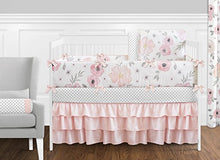 Load image into Gallery viewer, 9 pc. Blush Pink, Grey and White Shabby Chic Watercolor Floral Baby Girl Crib Bedding Set with Bumper by Sweet Jojo Designs - Rose Flower Polka Dot

