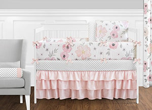 9 pc. Blush Pink, Grey and White Shabby Chic Watercolor Floral Baby Girl Crib Bedding Set with Bumper by Sweet Jojo Designs - Rose Flower Polka Dot