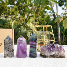 Load image into Gallery viewer, Mimosa Healing Crystal Wands,Mini Size Natural Crystal Quartz Standing Point|1-2.5'' Amethyst Crystal,Rainbow Fluorite Crystal &amp;Natural Black Tourmaline in Quartz Crystal Tower&amp;Deep Amethyst Cluster
