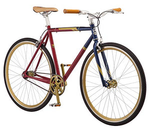 Captain Marvel Single-Speed Fixie Style Bike by Schwinn, Featuring 58cm/Large Steel Stand-Over Frame with 700C Wheels and Flip-Flop Hub, Perfect for Urban Commuting and City Riding, in Red/Blue/Gold